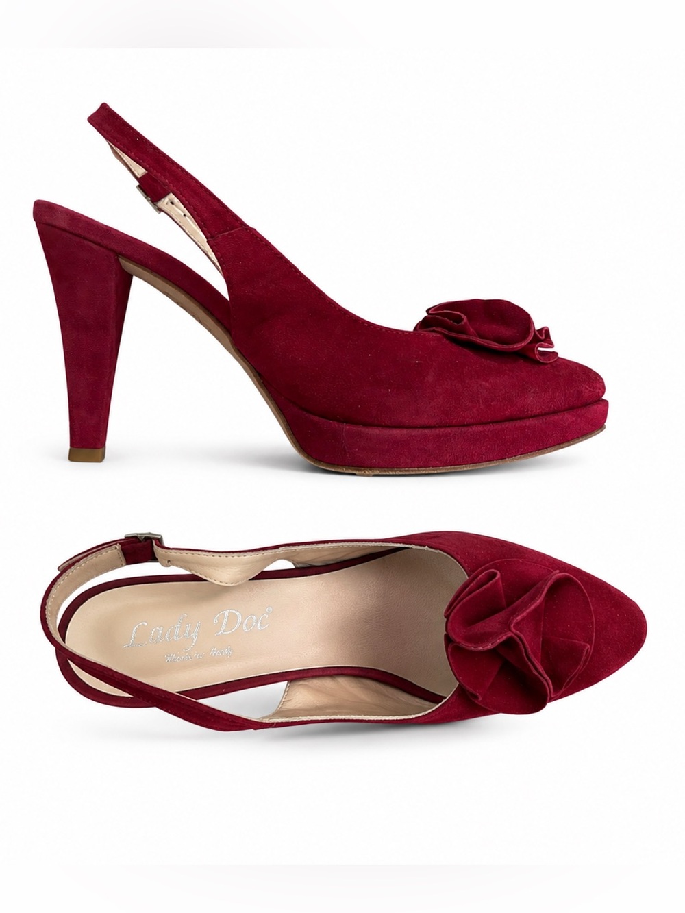 Lady Doc Italian Suede Red Slingback Pump with Rosette Flower
